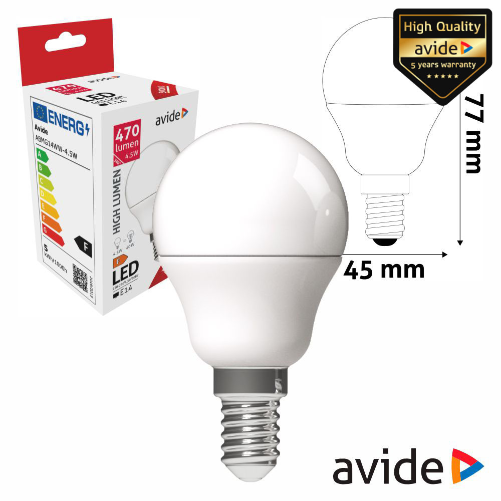 Lâmpada LED E14 Globo G45 4.5W 230V 3000K 470lm AVIDE