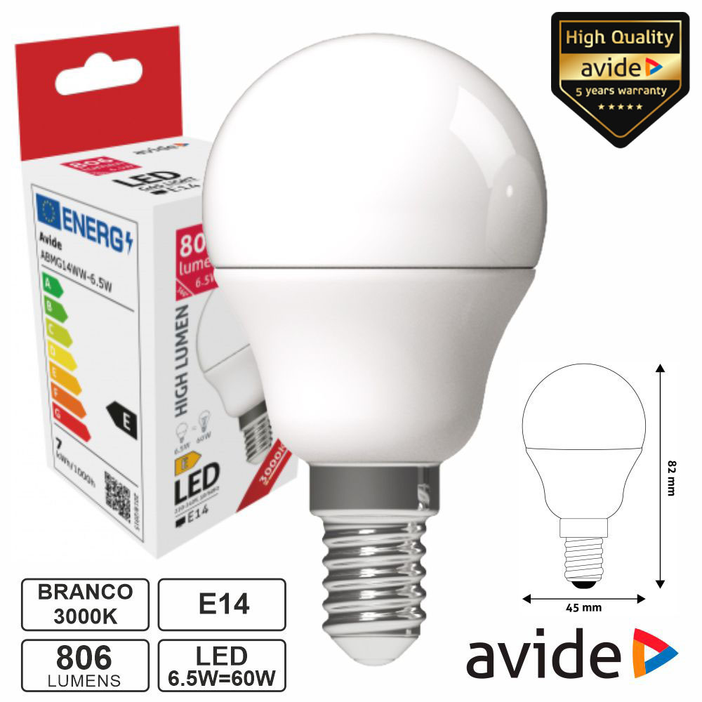 ABMG14WW-6.5W Lampada LED E14 Glogo G45 6.5W 230V 3000K 806LM AVIDE