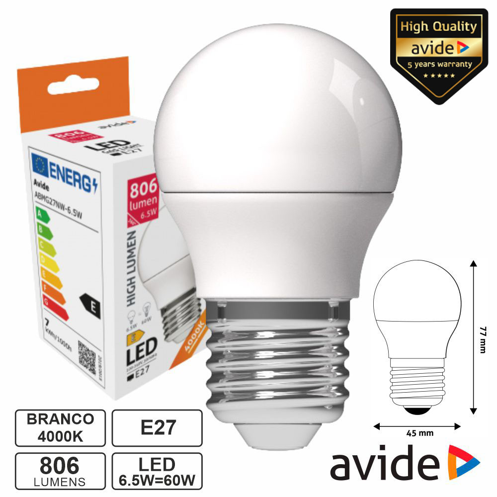 ABMG27NW-6.5W Lampada LED E27 Globo G45 6.5W 230V 4000K 806lm AVIDE