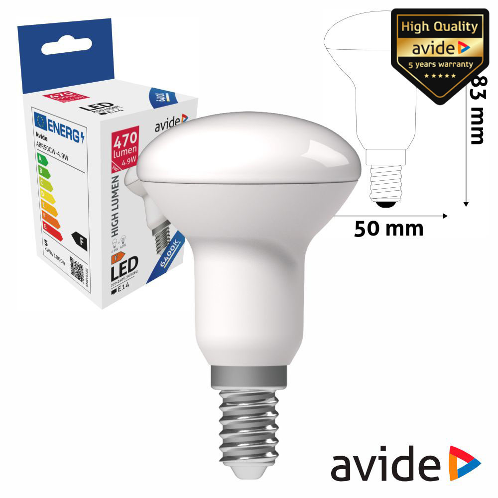 ABR50CW-4.9W Lâmpada LED E14 R50 4,9W 6400K 470lm AVIDE