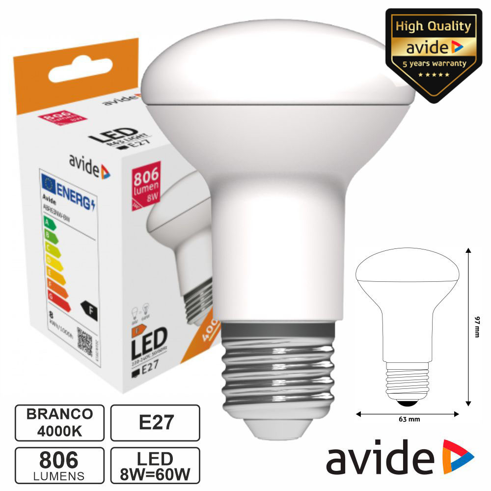ABR63NW-8W Lâmpada LED E27 R63 8W 230V 4000k 806lm AVIDE