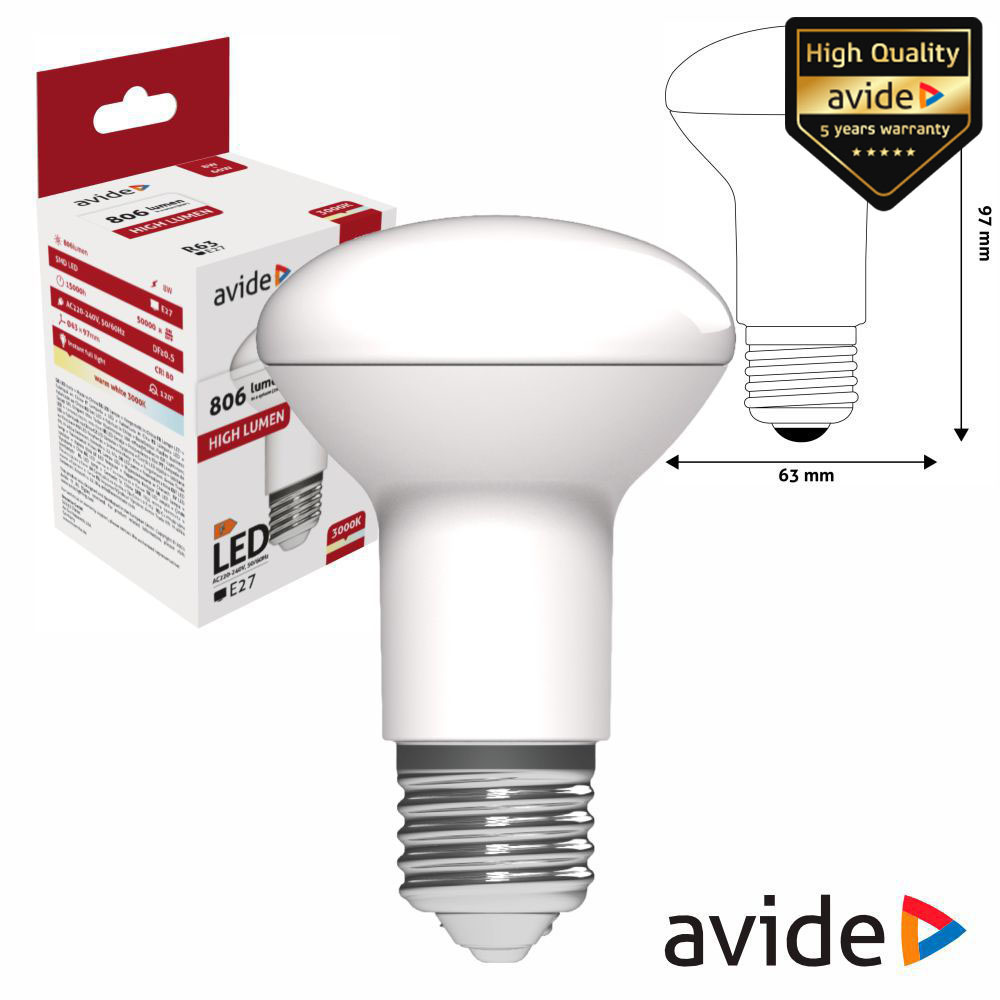ABR63WW-8W Lâmpada LED E27 R63 8W 230V branco quente 3000K 806lm AVIDE