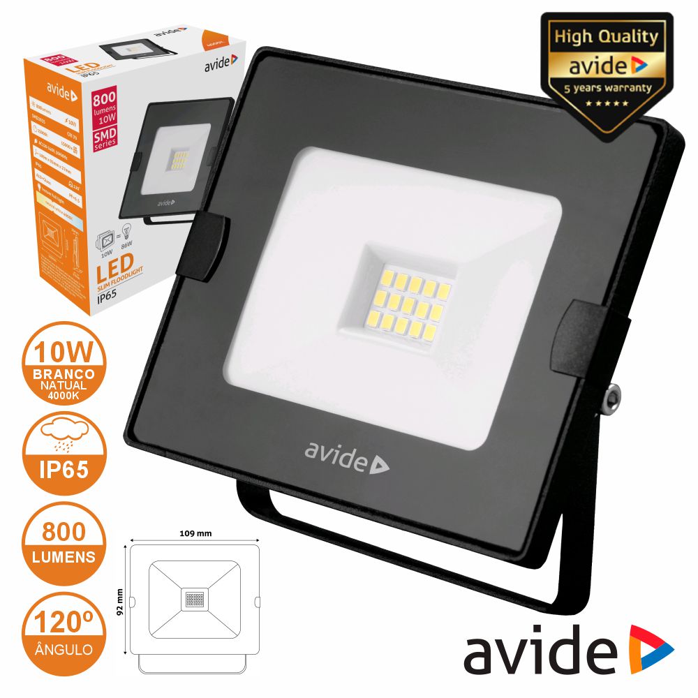 ABSSFLNW-10W Foco Led 10w 230v 4000k 800lm Preto Ip65 Avide