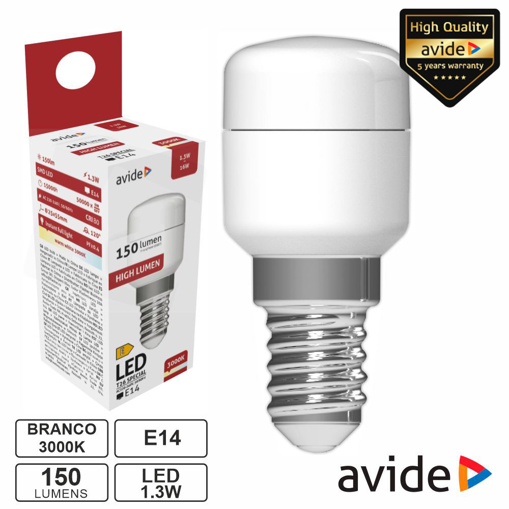 Lâmpada LED E14 Stick T26 1.3W 230V 3000K 150lm AVIDE