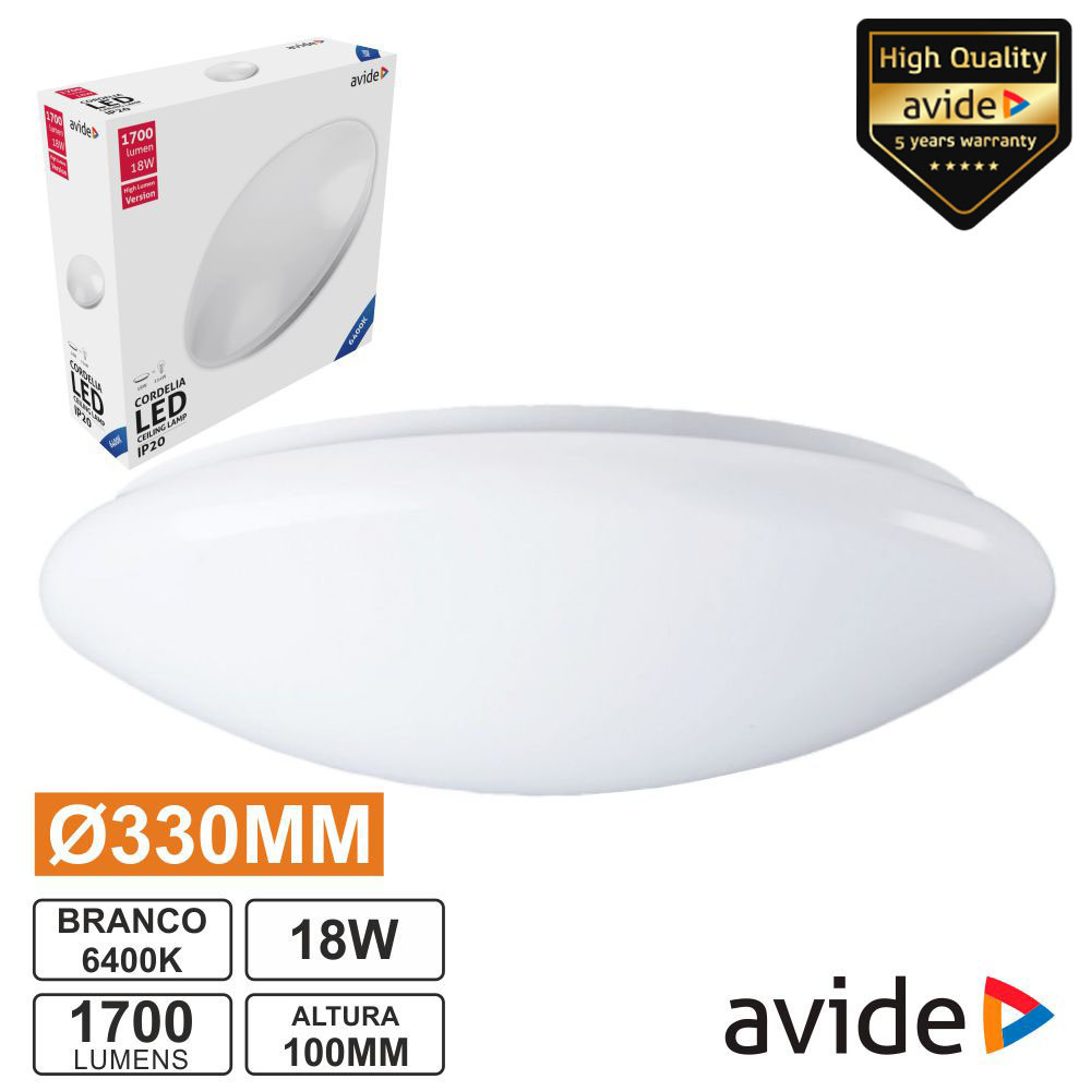 Aplique LED Redondo Teto 18W 330mm 6400K 1700lm AVIDE