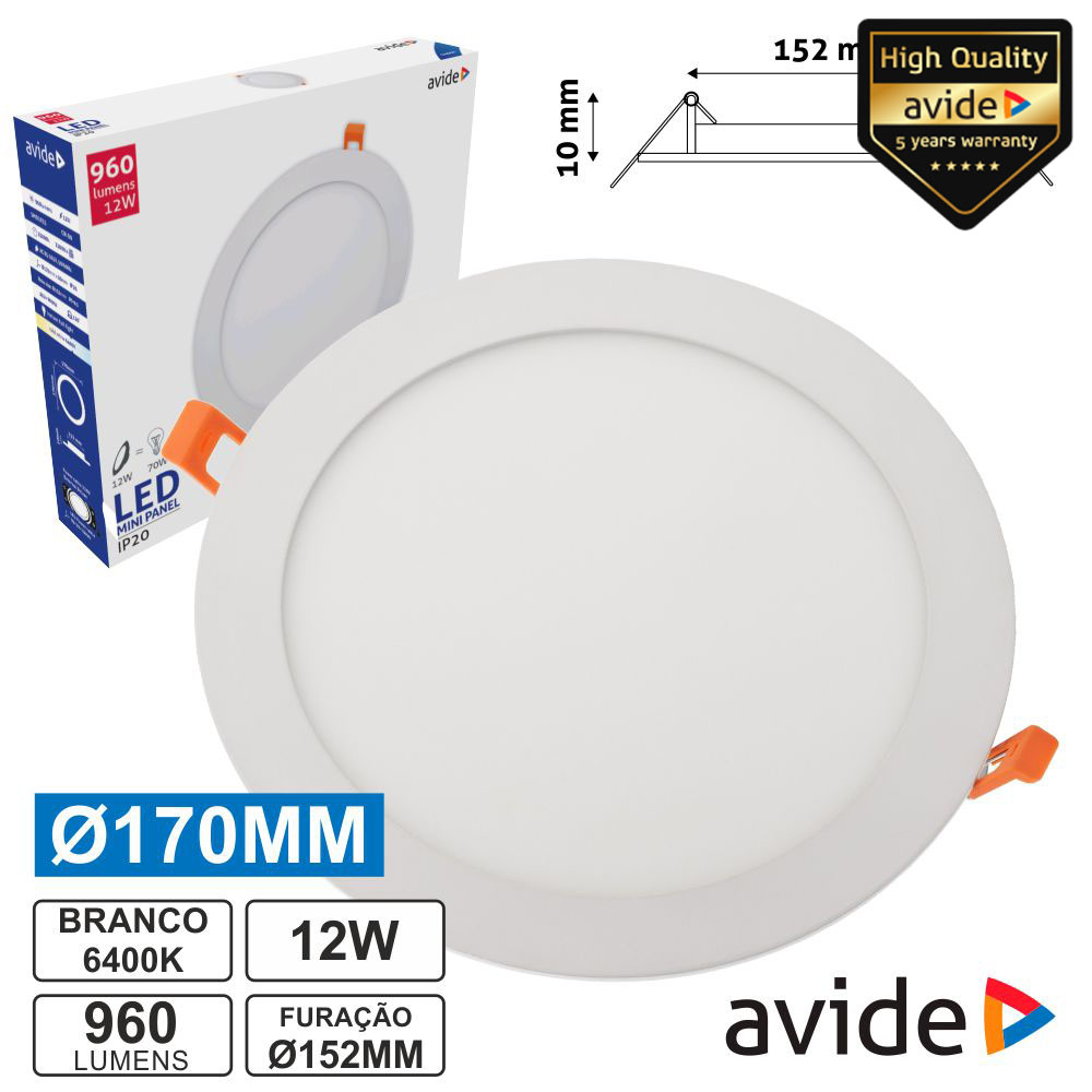 ACRPCW-R-12W-ALU Painel Leds redondo Embutir 12W 170mm 6400K 960Lm Avide
