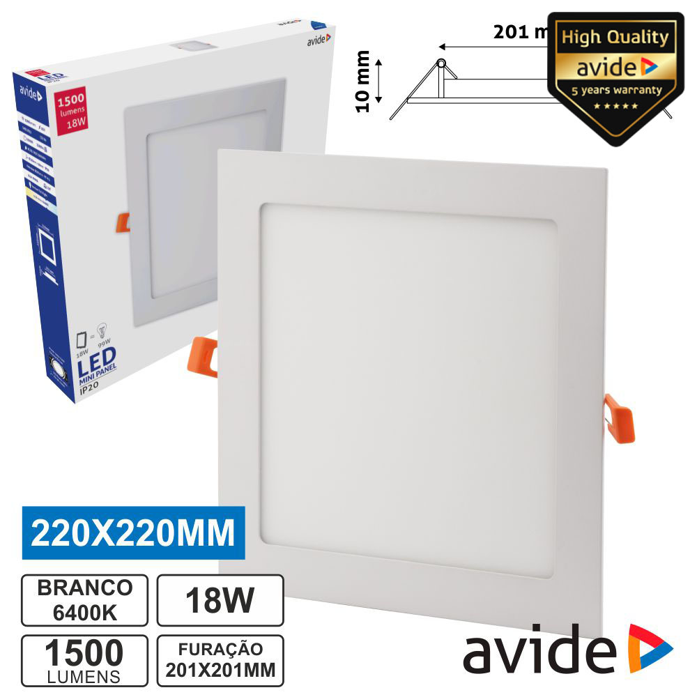 ACRPCW-S-18W-ALU Painel Leds Quadrado Embutir 18W 220mm 6400K 1500lm Avide