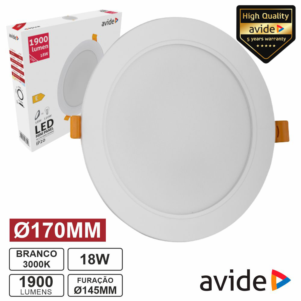 Painel LEDS Redondo 18W 170mm 3000K 1900lm AVIDE