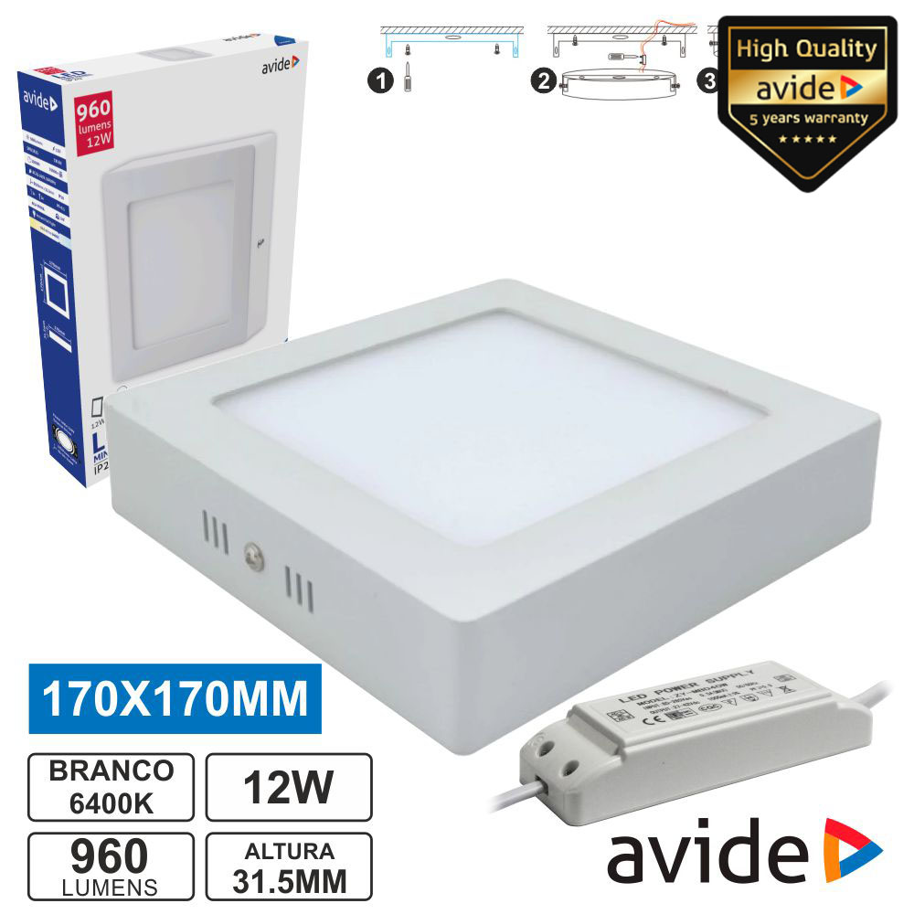 PAINEL LEDS QUADRADO SUPERFÍCIE 12W 170MM 6400K 960LM AVIDE