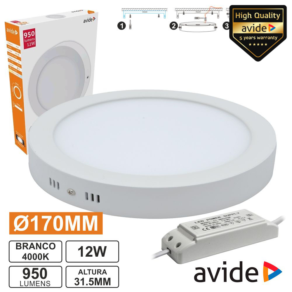PAINEL LEDS REDONDO SUPERFÍCIE 12W 170MM 4000K 950LM AVIDE