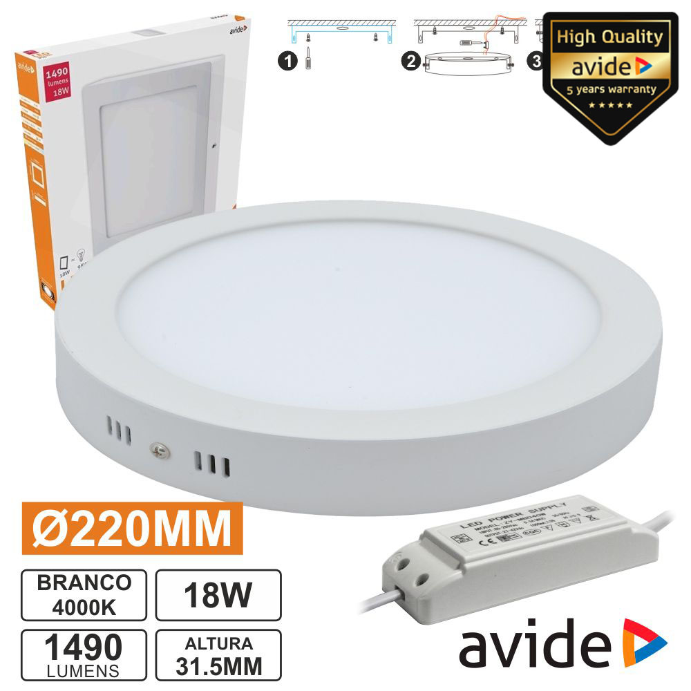 PAINEL LEDS REDONDO SUPERFÍCIE 18W 220MM 4000K 1490LM AVIDE