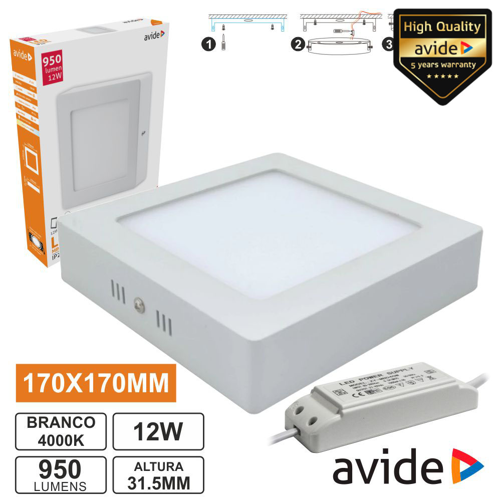 PAINEL LEDS QUADRADO SUPERFÍCIE 12W 170MM 4000K 840LM AVIDE