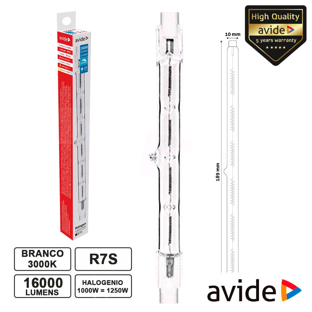 AHR7WW-B1000W Lampada R7S 189MM 1000W=1250W 230V halogeneo 16000LM AVIDE