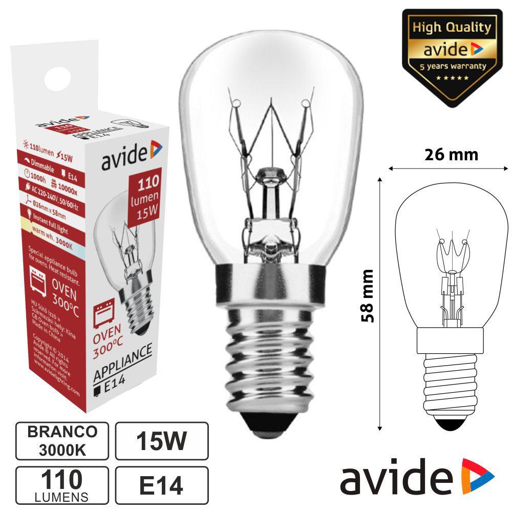 Lâmpada E14 15W 230V 300ºC P/ Fornos AVIDE