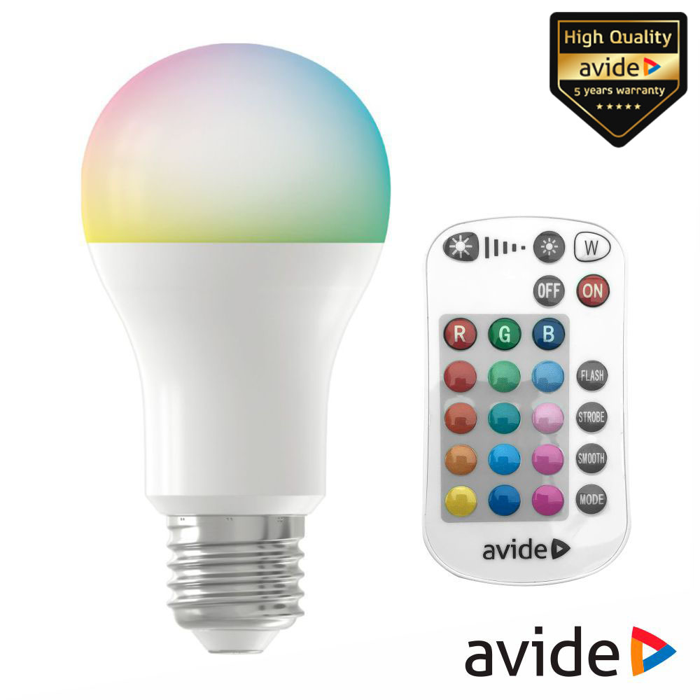 ASG27RGBW-9.7W-RC LÂMPADA E27 DIMÁVEL 9.7W LED GLOBO A60 RGBW IR 806LM AVIDE