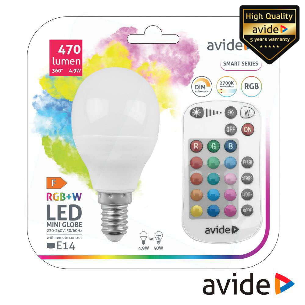 ASMG14RGBW-4.9W-RC LÂMPADA E14 DIMÁVEL 4.9W LED MINIGLOBO RGBW IR 470LM AVIDE