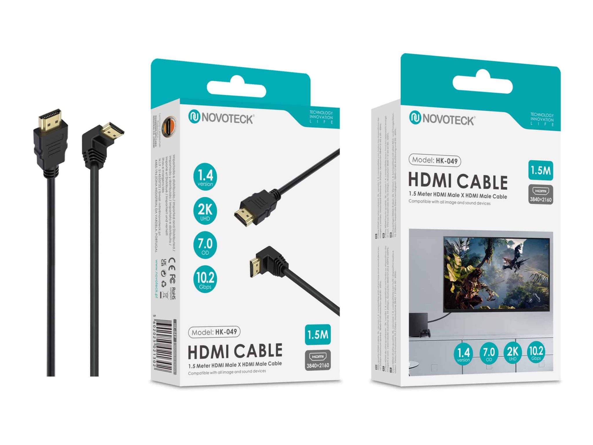 Cabo HDMI 1.5M Novoteck HK-049 com Ângulo de 90° – Versão 1.4, Suporte 2K UHD, 10.2Gbps