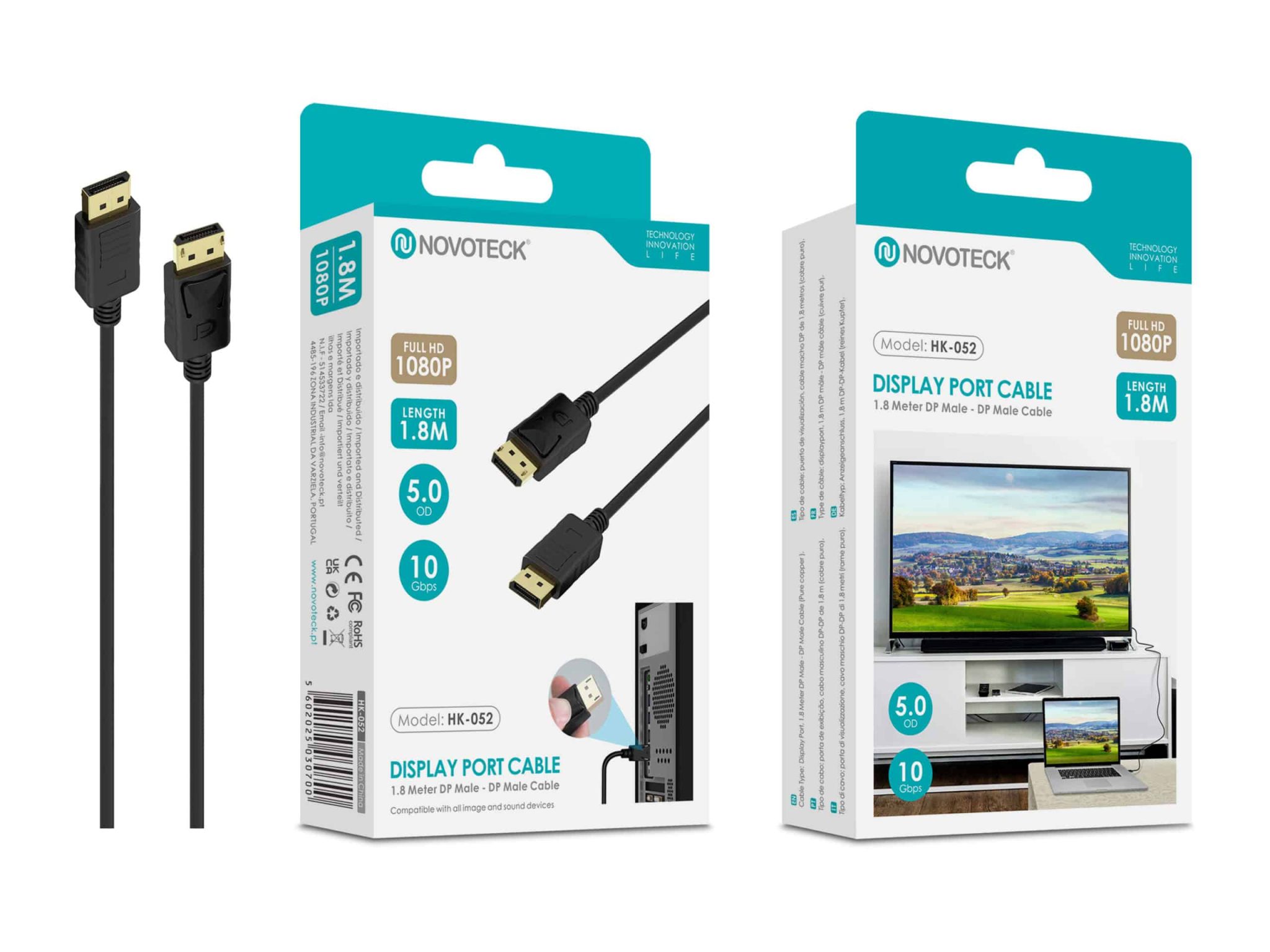 Cabo DisplayPort 1.8M Novoteck HK-052 – Macho para Macho, Full HD 1080p, 10Gbps, Preto