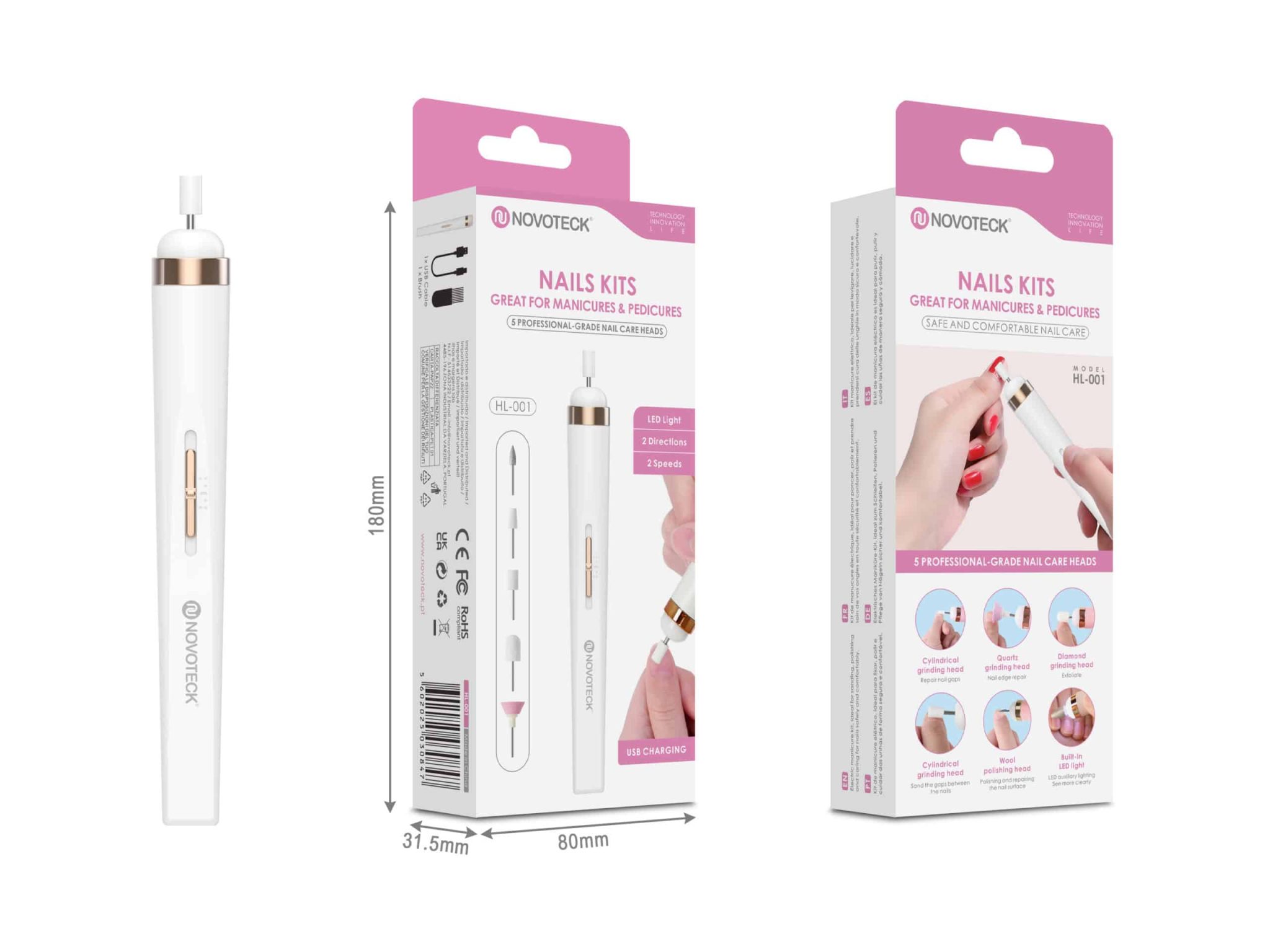 Kit Elétrico para Manicure e Pedicure Novoteck HL-001 – 5 Cabeças Profissionais, 2 Velocidades, LED, Recarregável USB