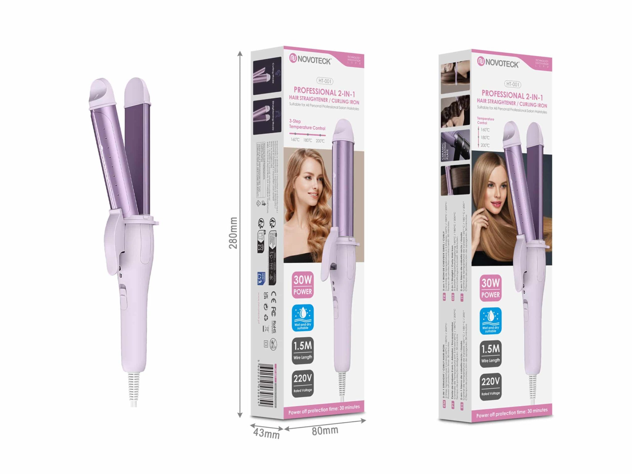 Modelador de Cabelo 2 em 1 Novoteck HT-001 – Alisador e Modelador Profissional, 3 Níveis de Temperatura, 30W, 220V