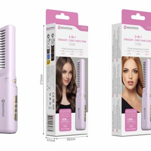 Escova Alisadora e Modeladora 2 em 1 Novoteck HT-002 – Recarregável, 3 Níveis de Temperatura, 1500mAh, Carregamento USB-C