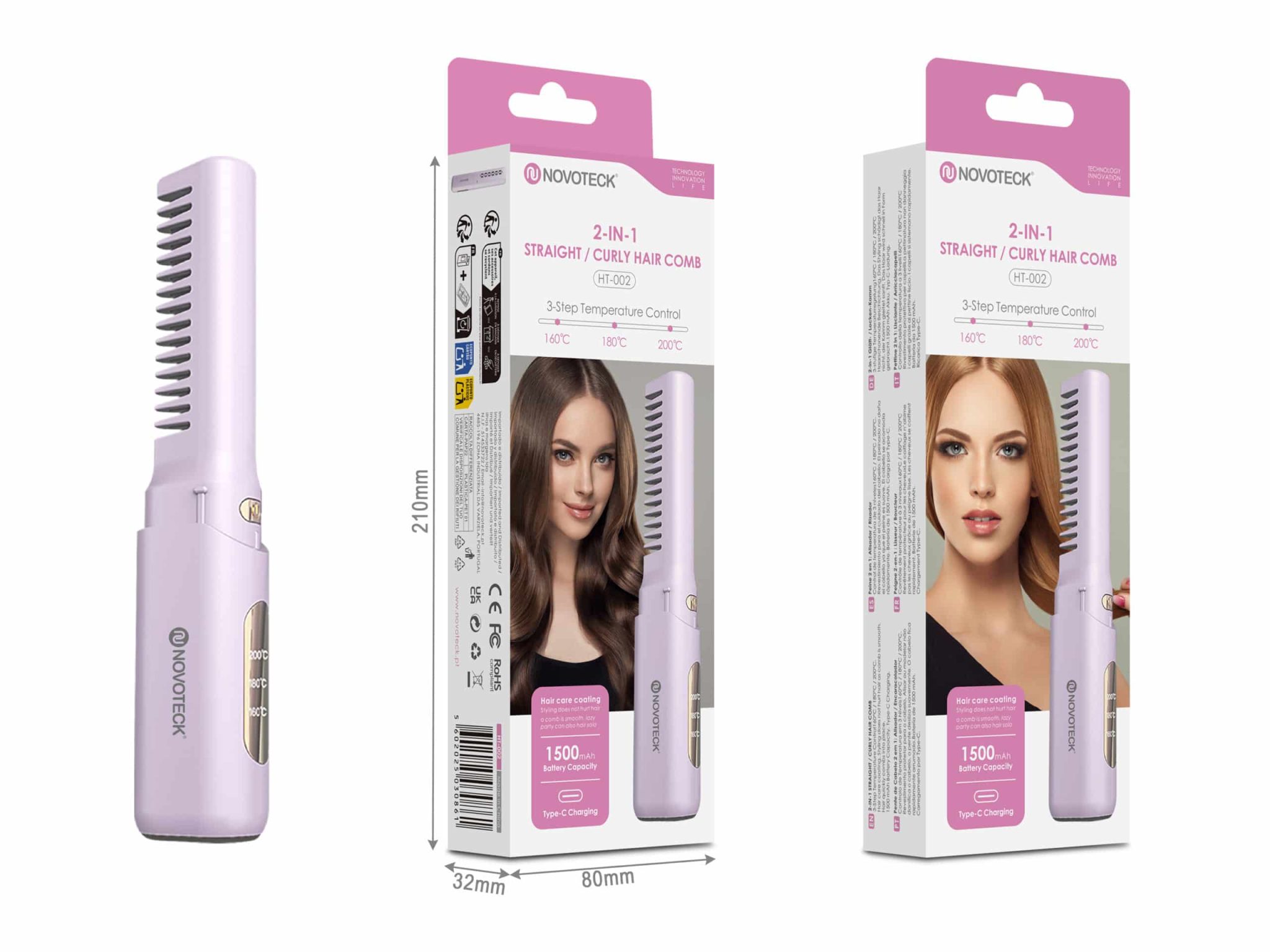 Escova Alisadora e Modeladora 2 em 1 Novoteck HT-002 – Recarregável, 3 Níveis de Temperatura, 1500mAh, Carregamento USB-C