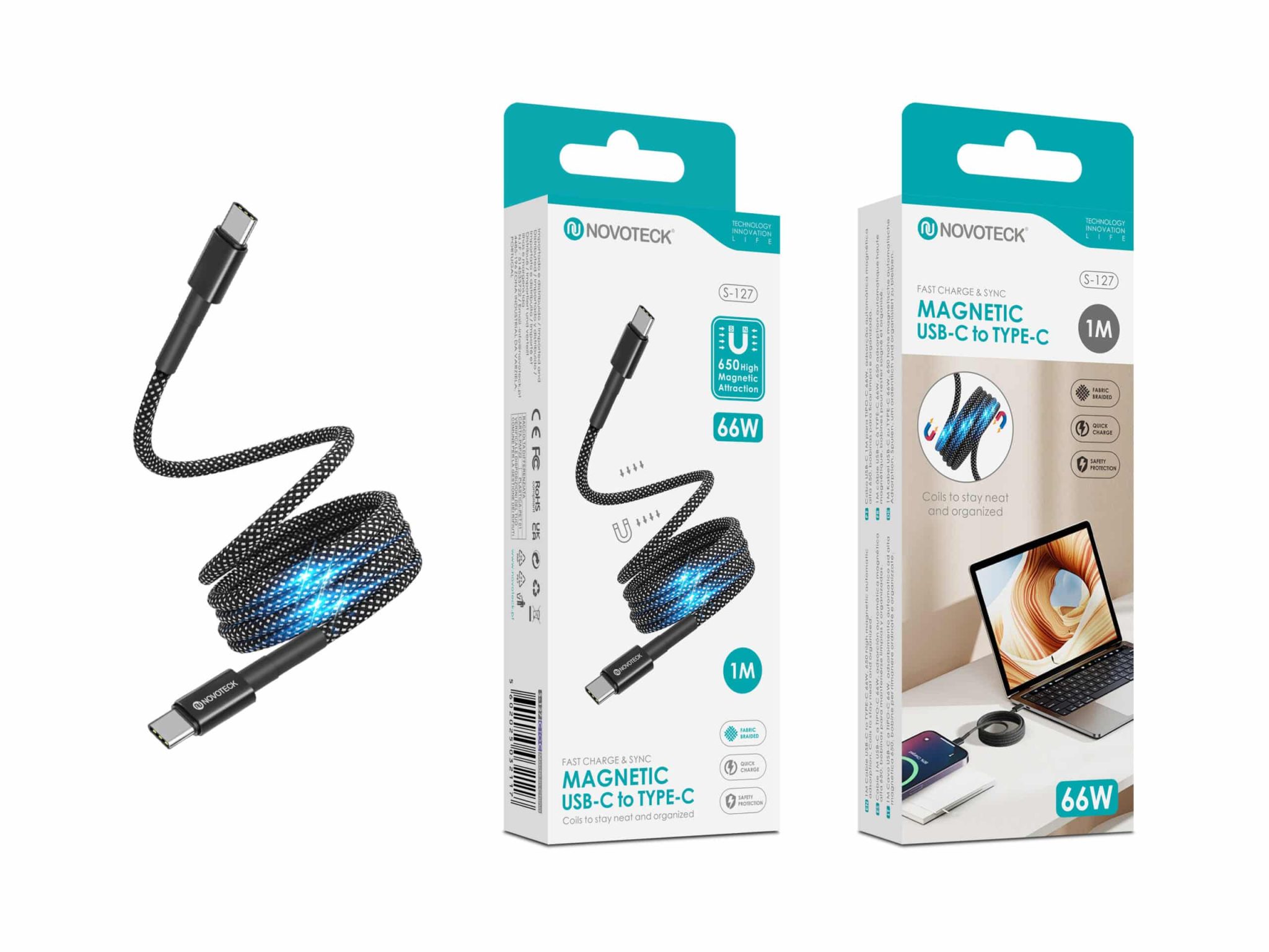Cabo Magnético USB-C para USB-C Novoteck S-127 – 66W, 1 Metro, Revestimento em Nylon, Organizador em Espiral, Alta Velocidade