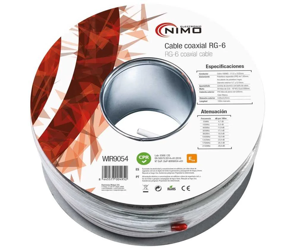 Rollo de Cabo Coaxial de Antena Branco 6,8mm 100m