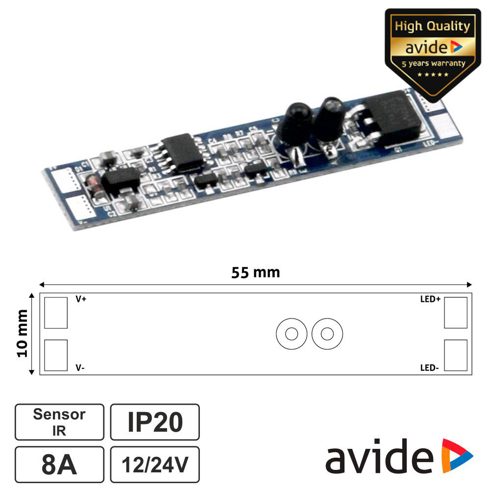 Controlador Mini c/ Sensor IR p/ Fita LEDS 12/24V 8A AVIDE
