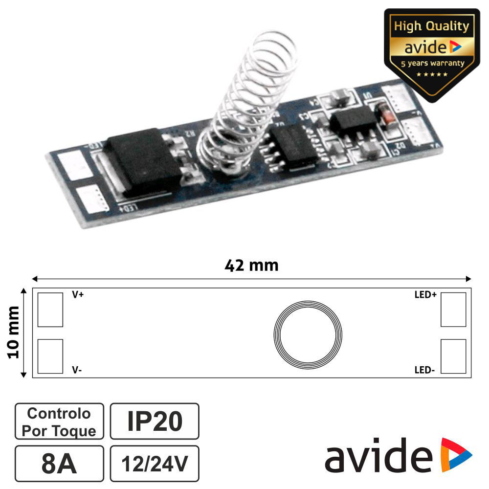 Controlador Mini Sensor Touch p/ Fita LED 12/24V 8A AVIDE