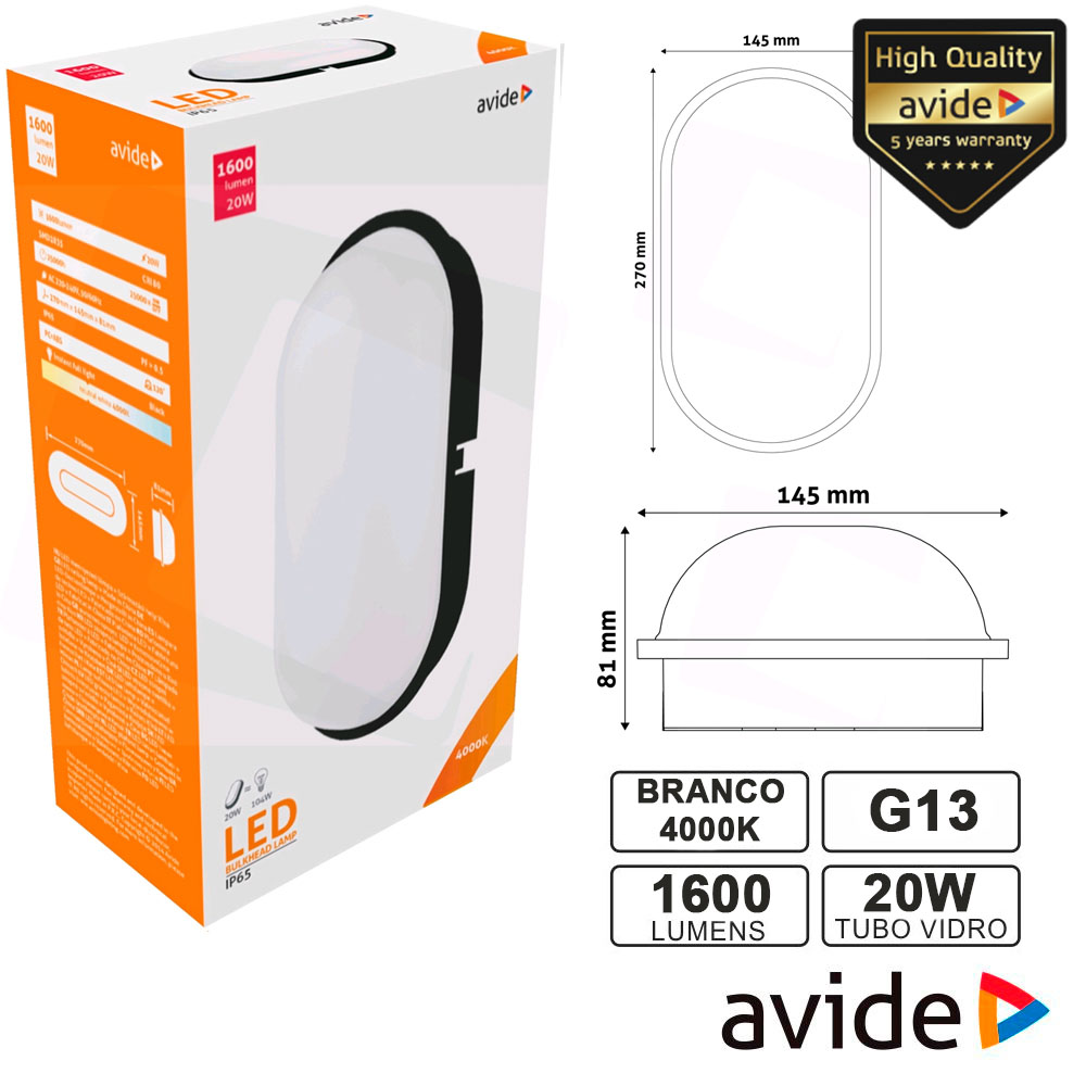 PAINEL LEDS OVAL 20W 270X145MM 4000K 1600LM IP65 AVIDE