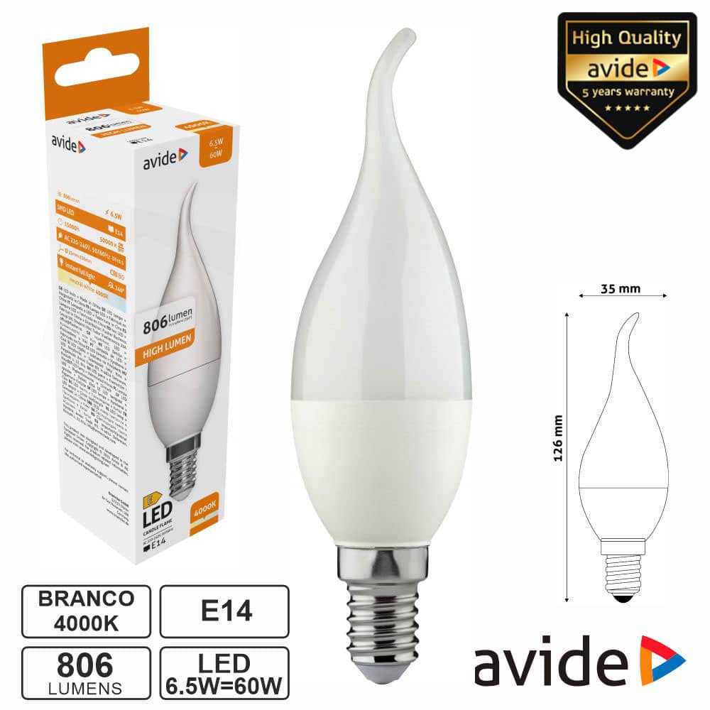 ABC14NW-6.5W-FL Lâmpada LED E14 vela 6.5W 230V 4000K 806LM AVIDE