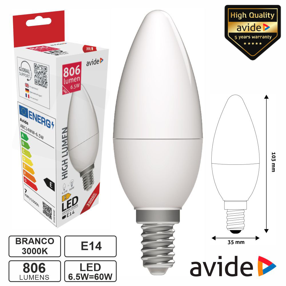 ABC14WW-6.5W Lâmpada LED E14 vela 6.5W 230V 3000K 806LM AVIDE