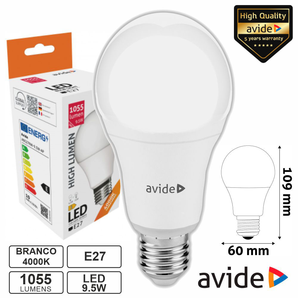 Lâmpada LED E27 Globo A60 9.5W 230V 4000K 1055lm AVIDE