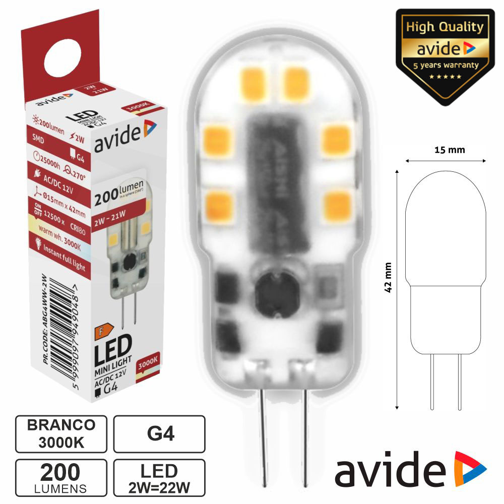 Lâmpada LED G4 2W 12V 3000K 200lm AVIDE
