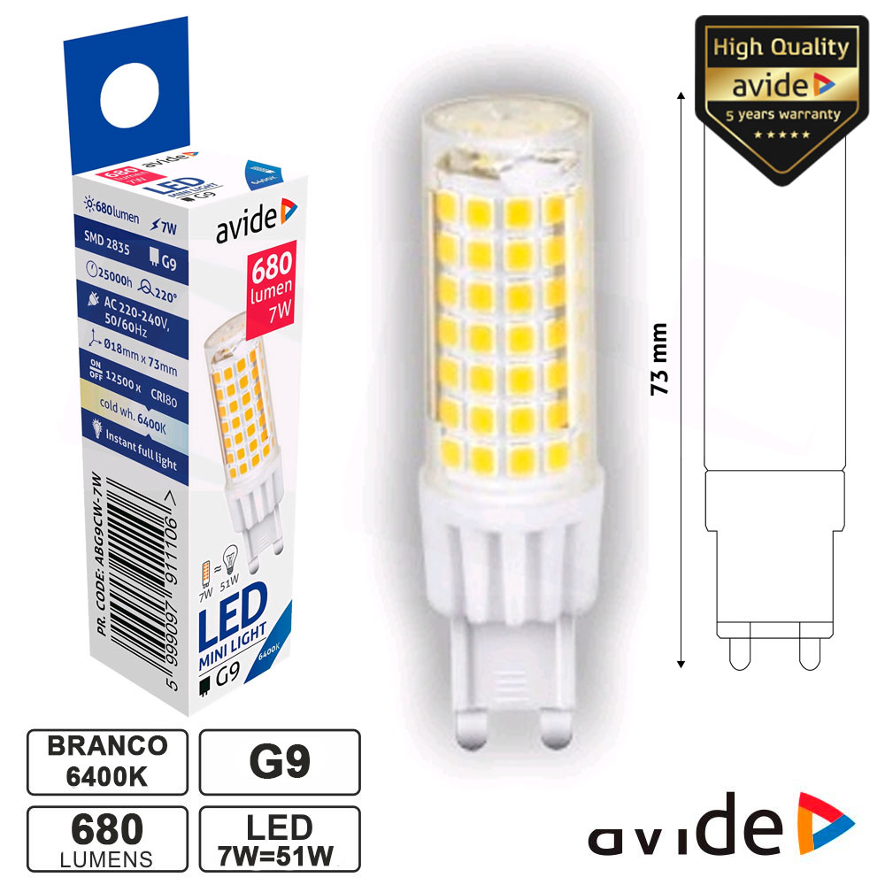LÂMPADA LED G9 7W 230V 6400K 680LM AVIDE