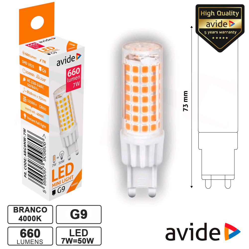 LÂMPADA LED G9 7W 230V 4000K 660LM AVIDE