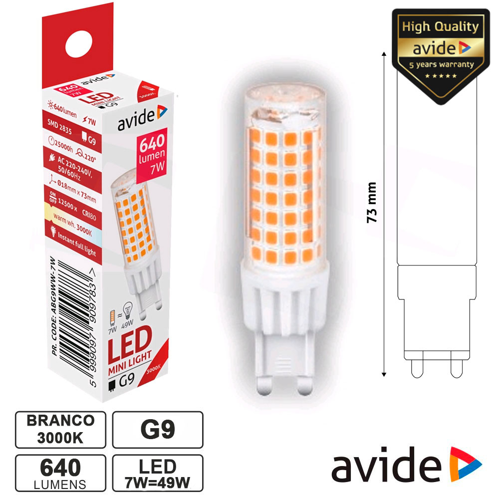 LÂMPADA LED G9 7W 230V 3000K 640LM AVIDE