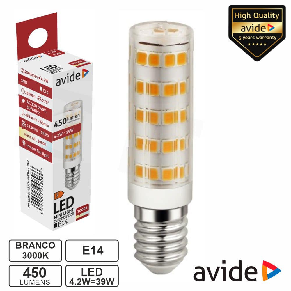 ABJD14WW-4.2W Lampada LED E14 JD 4.2W 230V 3000K 450LM AVIDE