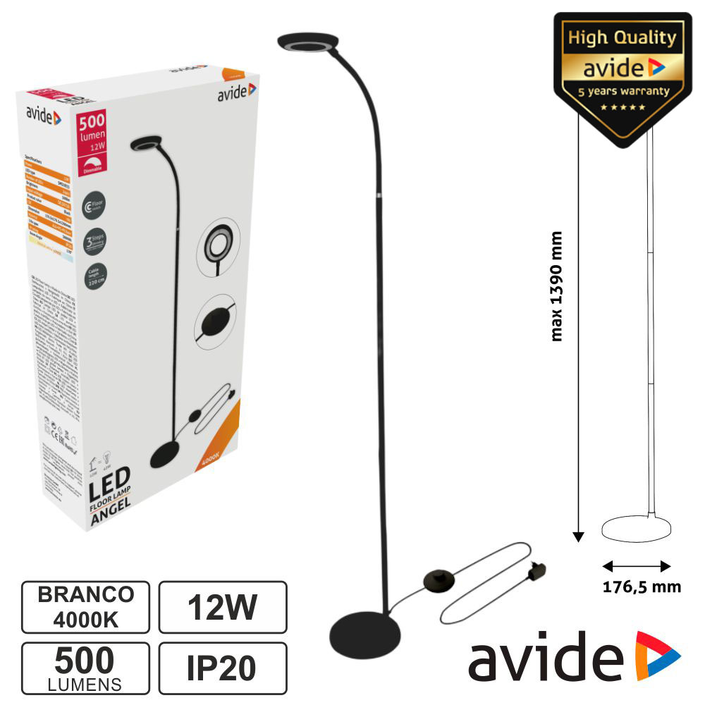 Candeeiro de Pé LED 12W 4000K 500lm Preto IP20 AVIDE
