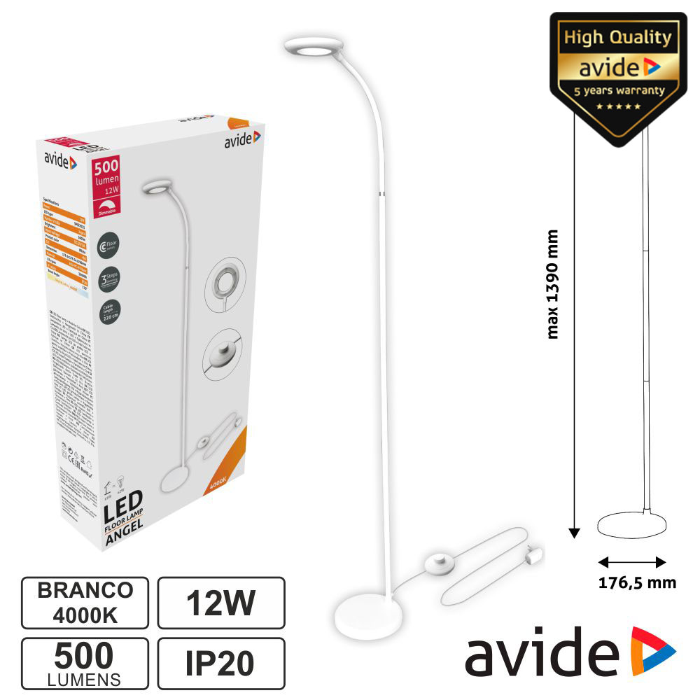 Candeeiro de Pé LED 12W 4000K 500lm Branco IP20 AVIDE