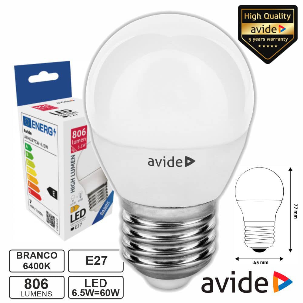 ABMG27CW-6.5W Lampada LED E27 Globo G45 6.5W 230V 6400K 806LM AVIDE