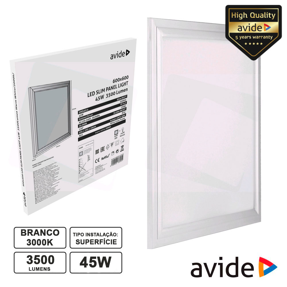 PAINEL LEDS QUADRADO 45W 600x600MM 3000K 3100LM AVIDE