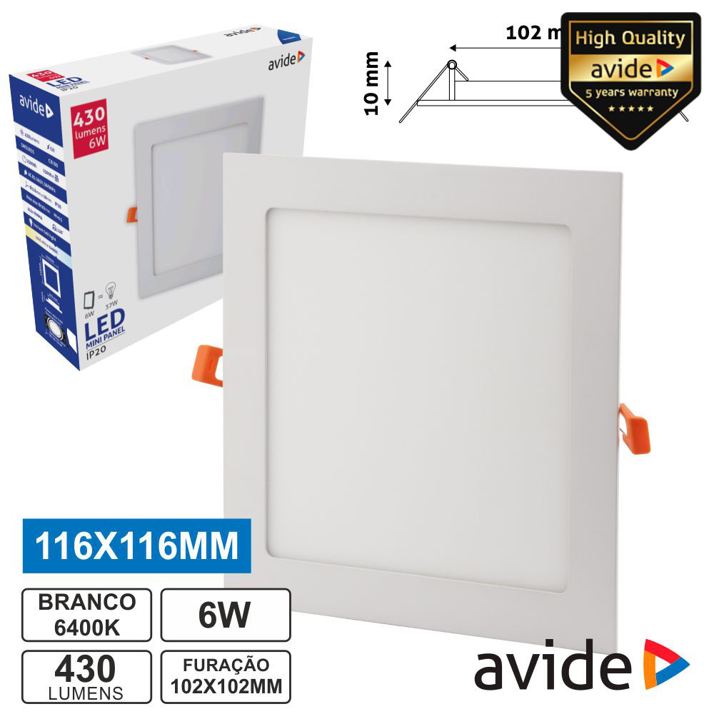 PAINEL LEDS QUADRADO 6W 116MM 6400K 430LM AVIDE