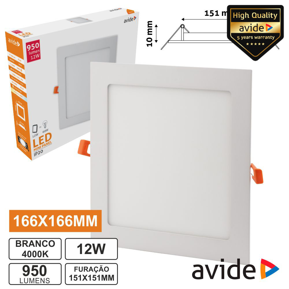 PAINEL LEDS QUADRADO 12W 166MM 4000K 950LM AVIDE