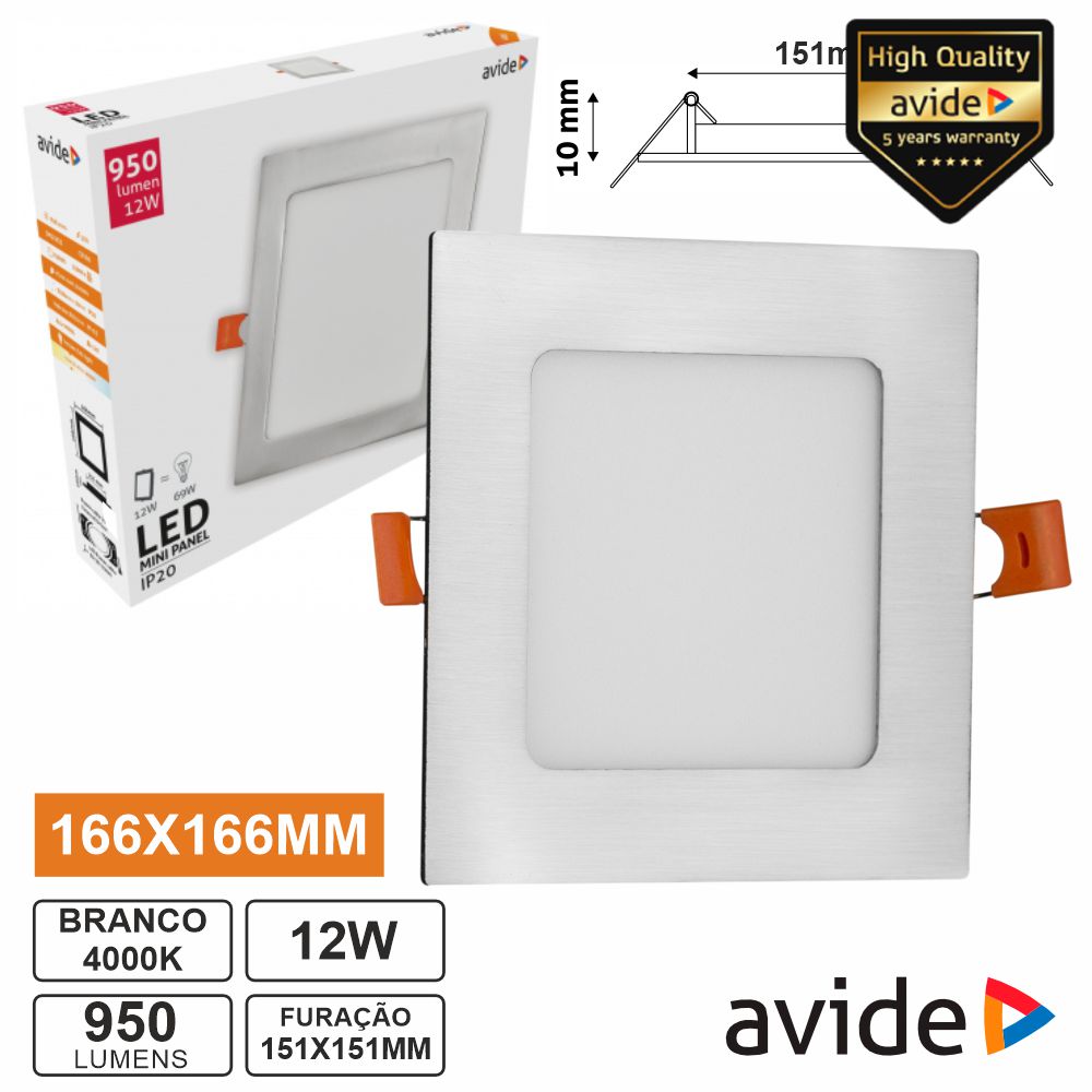 Painel LEDS Quadrado 12W 166mm 4000k 950lm AVIDE