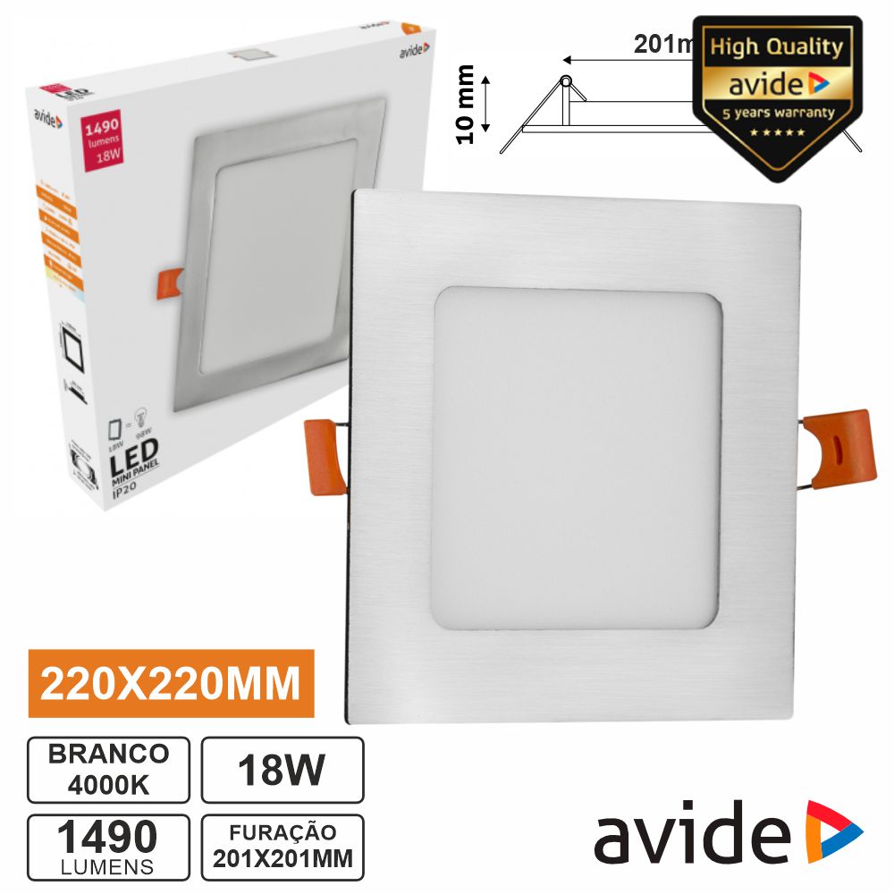 Painel LEDS Quadrado 18W 220mm 4000K 1490lm AVIDE