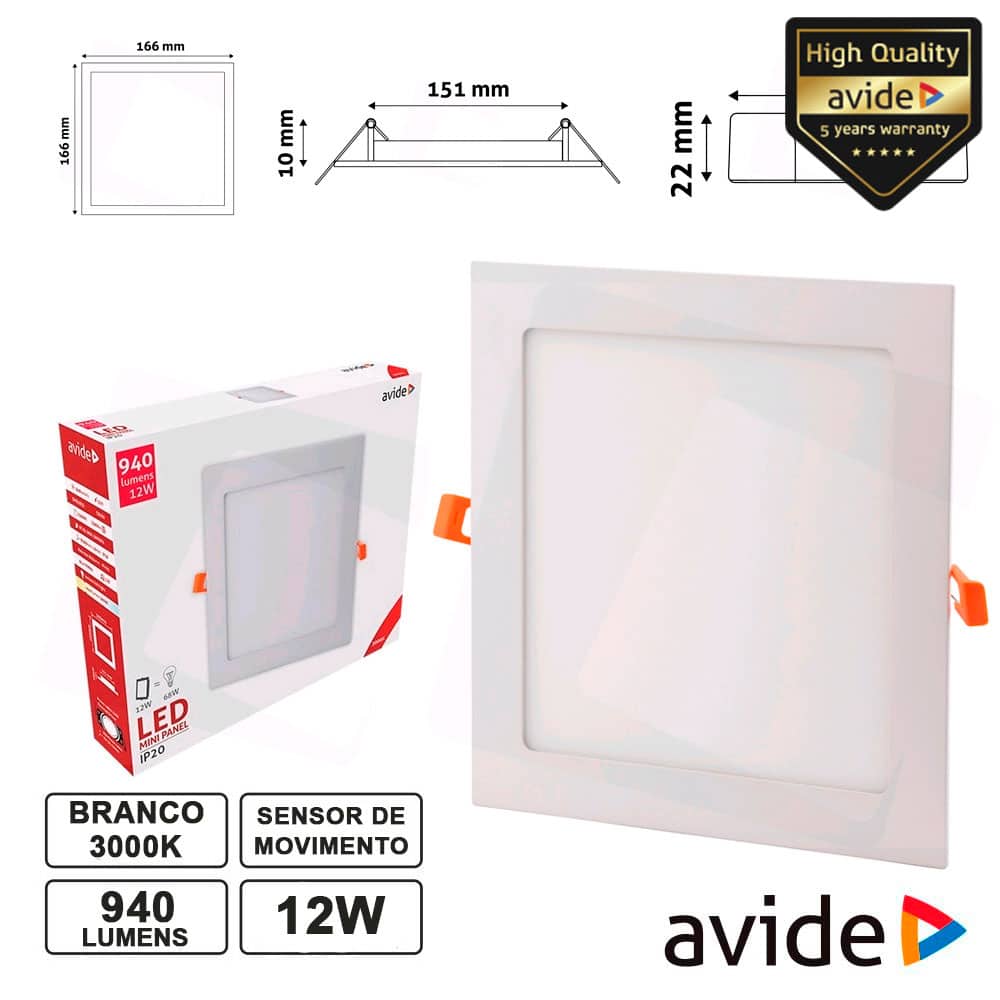 PAINEL LEDS QUADRADO 12W 166MM 3000K 940LM AVIDE