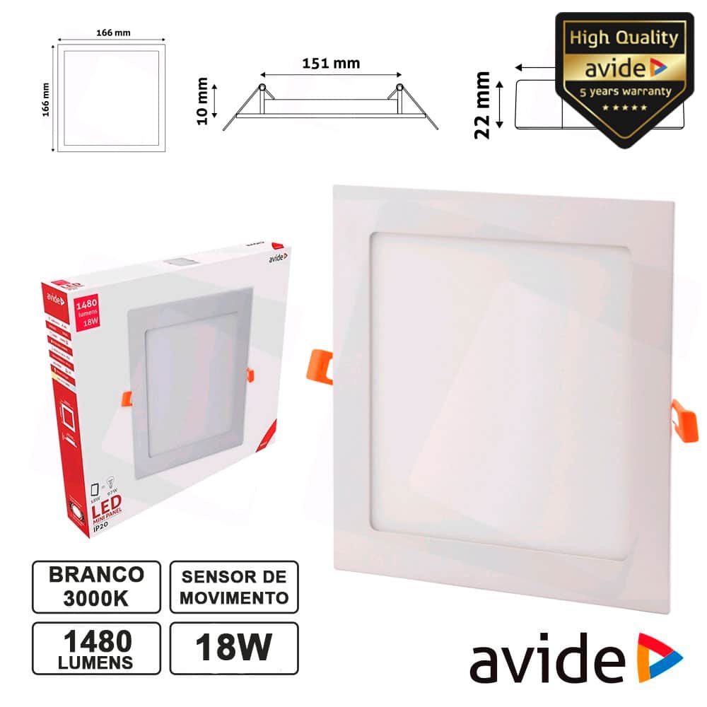 PAINEL LEDS QUADRADO 18W 220MM 3000K 1480LM AVIDE