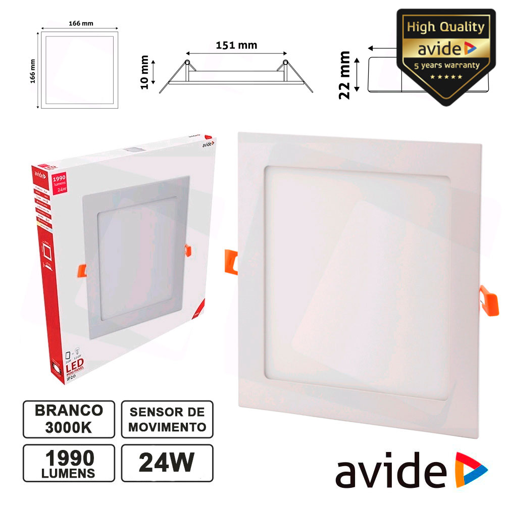 PAINEL LEDS QUADRADO 24W 291MM 3000K 1990LM AVIDE